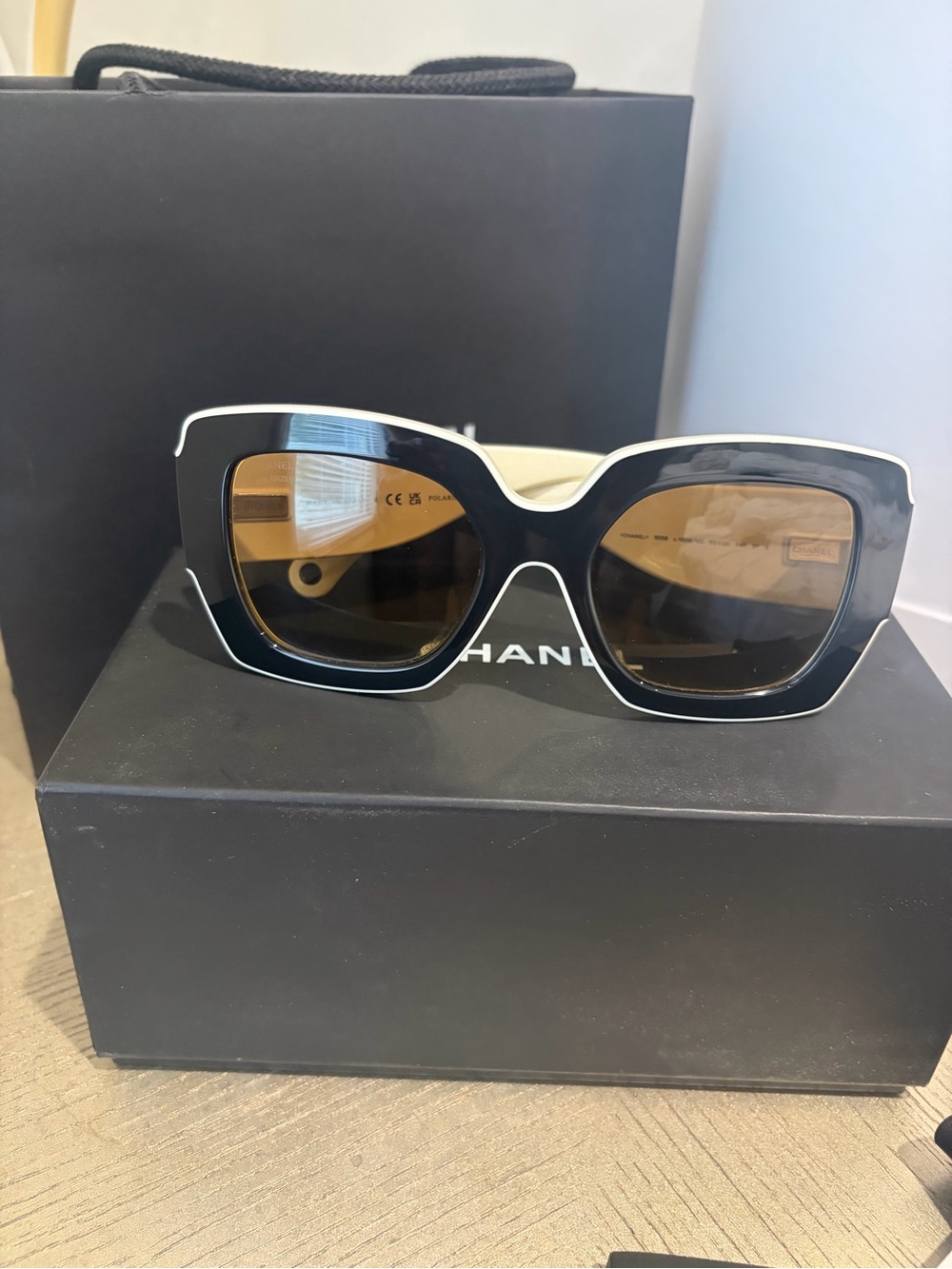 CHANEL 6059 Black and Milky White Square Oversized Sunglasses with Brown Lenses